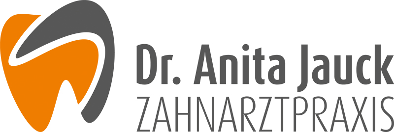 Logo in Zahnform in orange und grau, Praxisbezeichnung Dr. Anita Jauck Zahnarztpraxis